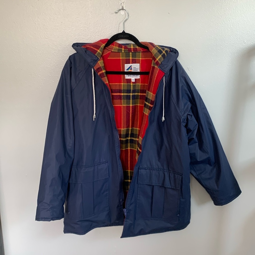Misty Harbor Any Weather Slicker Womens Sz M Blue Plaid Flannel Lined Hooded